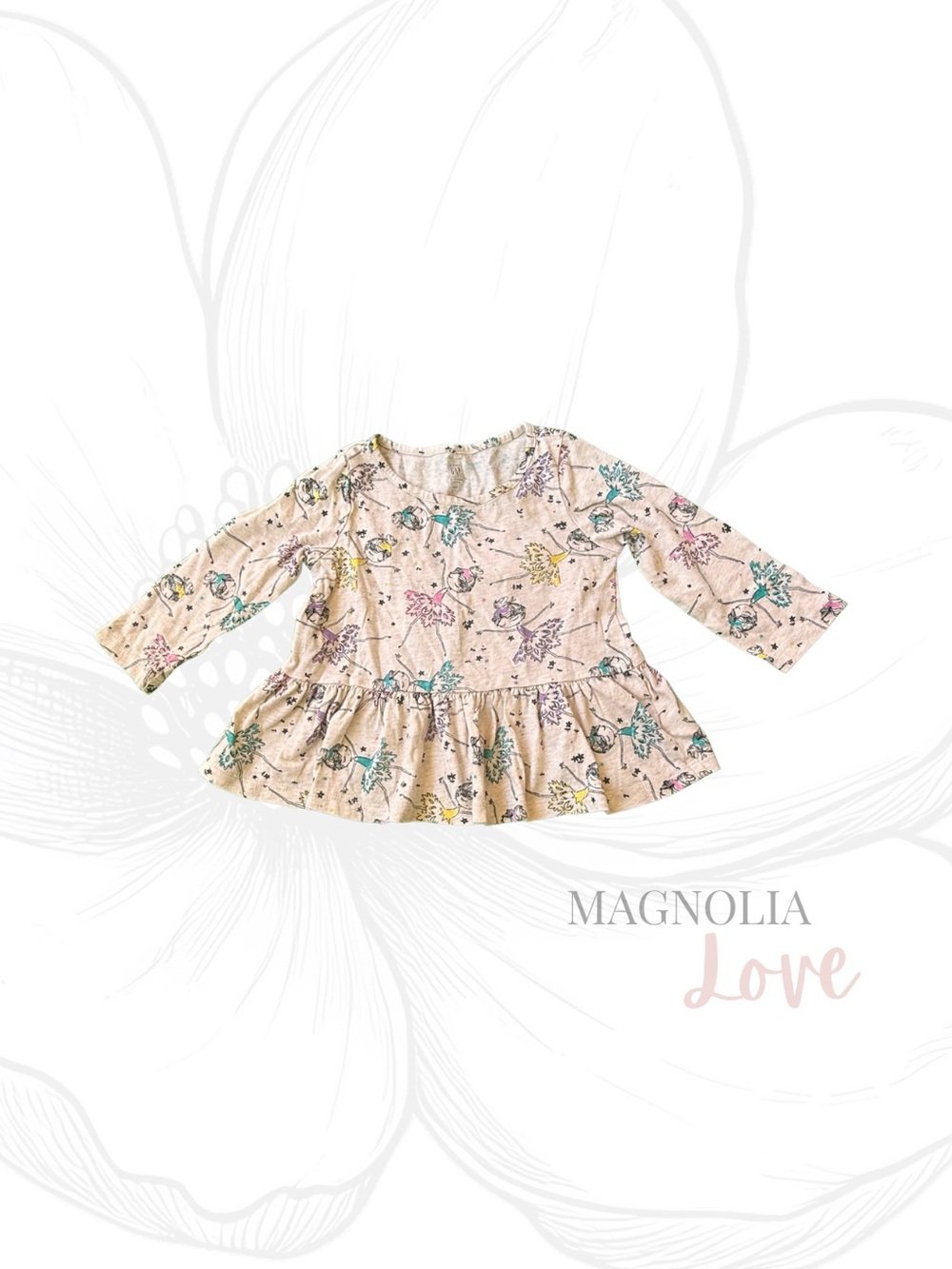 🩰 GAP Baby Cream Floral Butterfly Ballerina Ballet Long Sleeve Peplum Top 12-18M